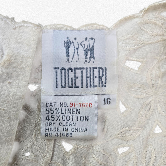 1990s Vintage White Linen Cotton Embroidered Eyelet Tank Top Blouse Size 16 - Picture 5 of 7